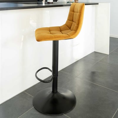 Mosterdgele fluwelen barstoel 88-108cm.