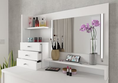 Selsey Make-uptafel met opslag, make-uptafel met 2 laden, staand, schoonheidshoek, moderne stijl, 110 cm, beige, grijs, Evo Selsey Make-uptafel met opslag, make-uptafel met 2 laden, staand, schoonheidshoek, moderne stijl, 110 cm, beige, grijs, Evo