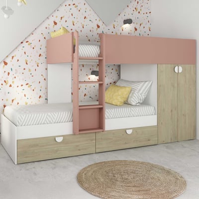 Stapelbed Jip met kast & lades - 90x190cm - eik/wit/oudroze