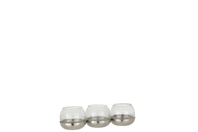 Theelichthouder 3 bol craquele glas/stainless steel zilver