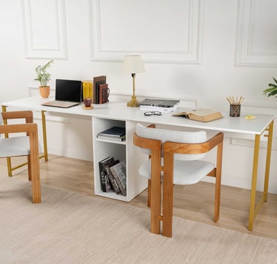 Bureau Woody Fashion - 240x60x74cm - met opbergruimte - wit/goud Bureau Woody Fashion - 240x60x74cm - met opbergruimte - wit/goud