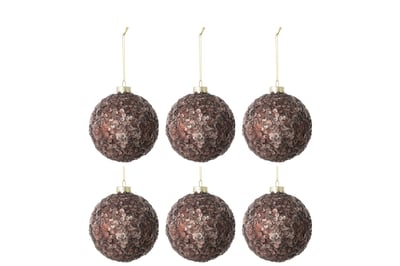 Doos van 6 kerstballen paillettensuiker mat glas donker bruin small