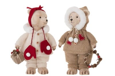 Beer staand jongen/meisje textiel beige/rood medium assortiment van 2