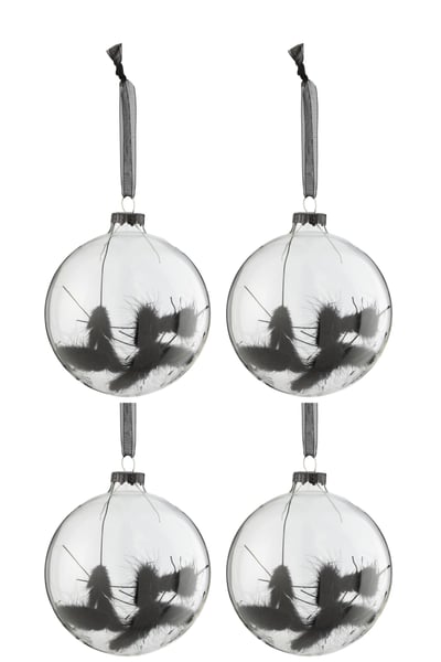 Doos van 4 kerstballen rond gedroogde hazenstaart zwart glas transparant medium
