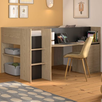 Halfhoogslaper Nael - 90x200cm - met bureau - eikdecor/zwart