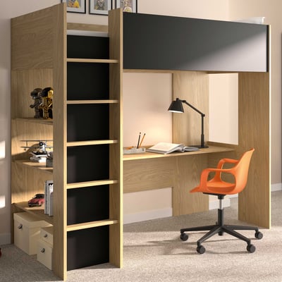 Hoogslaper Nael - 90x200cm - met bureau - eikdecor/zwart