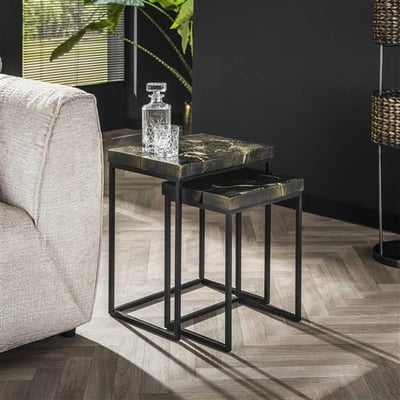 Set van 2 salontafels Glenda-zwart/goud teakhout Set van 2 salontafels Glenda-zwart/goud teakhout