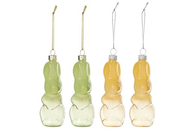 Doos van 4 konijnen hanger glas groen/geel assortiment van 2