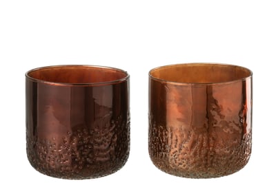 Windlicht spiegel koper/rood glas medium assortiment van 2