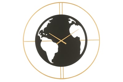 Klok wereldkaart gaten metaal zwart/goud large