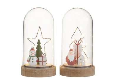 Stolp boom/ster hout/glas+led mix assortiment van 2