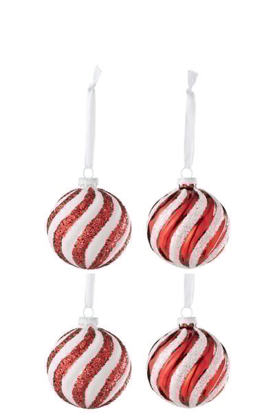 Doos van 4 kerstbal 2+2 lijnen glas wit/rood small Doos van 4 kerstbal 2+2 lijnen glas wit/rood small