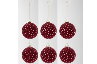 Doos van 6 kerstbal stippen fluweel bordeaux/goud