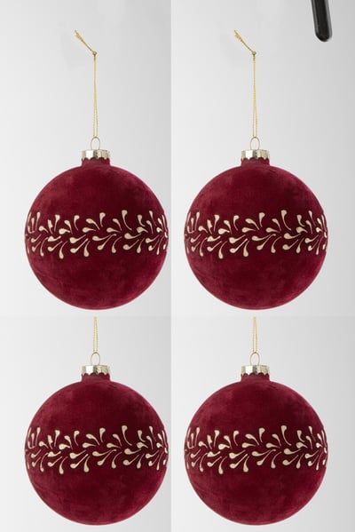 Doos van 4 kerstbal motief fluweel bordeaux/goud