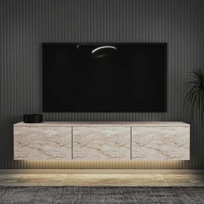 TV-meubel Woody Fashion - 160x32x35cm - 3 deuren - travertin TV-meubel Woody Fashion - 160x32x35cm - 3 deuren - travertin