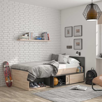 Bed met opbergruimte Quinten 90x200 - lichte Kronberg eik/zwart