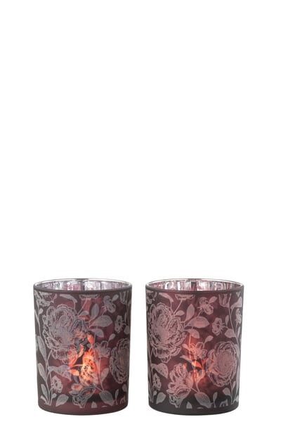 Windlicht bloemen glas mat paars mix/zilver medium assortiment van 2