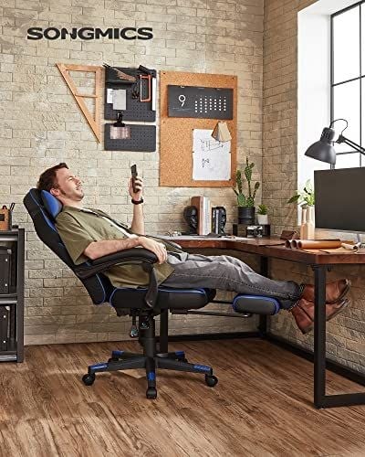 Gaming stoel bureaustoel, voetensteun, in hoogte verstelbare ergonomische 90-135° kantelhoek Belasting 150 kg Zwart Blauw