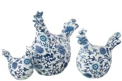 Set van 3 hanen patroon polyresin blauw/wit