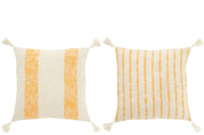 Kussen vierkant strepen+kwasten katoen wit/oranje assortiment van 2 Kussen vierkant strepen+kwasten katoen wit/oranje assortiment van 2