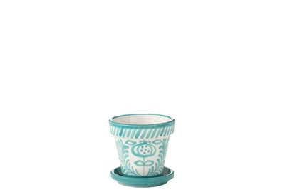 Flowerpot+plate granada handmade+painted ceramic aqua small