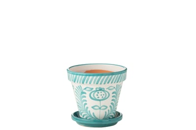 Flowerpot+plate granada handmade+painted ceramic aqua medium
