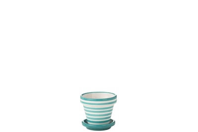 Flowerpot+plate granada stripes handmade+painted ceramic aqua extra small