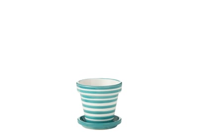 Flowerpot+plate granada stripes handmade+painted ceramic aqua small