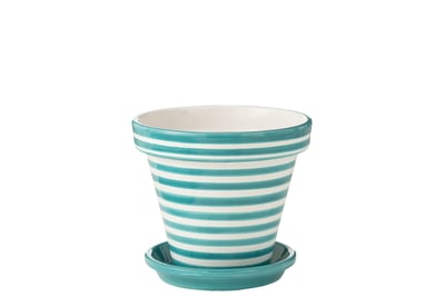 Flowerpot+plate granada stripes handmade+painted ceramic aqua large Flowerpot+plate granada stripes handmade+painted ceramic aqua large