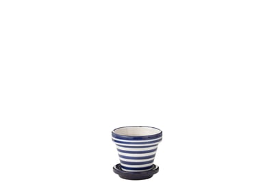 Flowerpot+plate granada stripes handmade+painted ceramic cobalto blue extra small