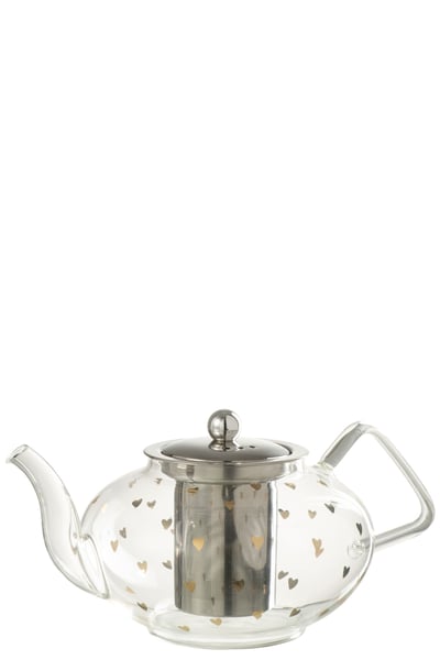 Theepot hart glas transparant/goud