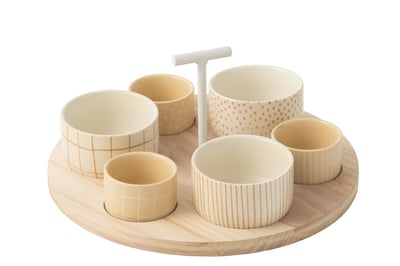 Tapasservies 6 sets + bambouschaal in doos creme/wit
