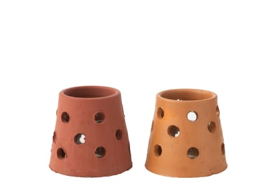 Theelichthouder gaia smal klei/glas rood/bruin assortiment van 3