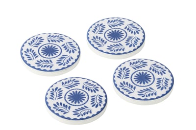 Set van 4 onderzetters bloemen mangohout blauw/wit