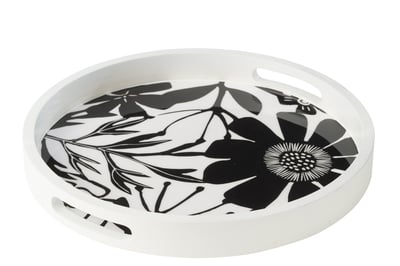 Dienblad rond met handvaten bloemen mangohout zwart/wit Dienblad rond met handvaten bloemen mangohout zwart/wit