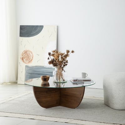 Woody Fashion glazen salontafel - massief grenenhouten frame (walnoot)