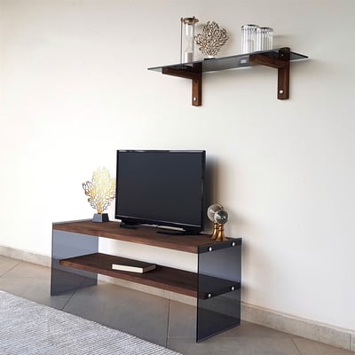 Locelso TV-meubel | 100% grenen massief hout | gehard glas | walnoot Locelso TV-meubel | 100% grenen massief hout | gehard glas | walnoot