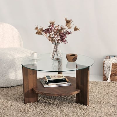 Elegante Walnut salontafel, gehard glas en massief hout Elegante Walnut salontafel, gehard glas en massief hout