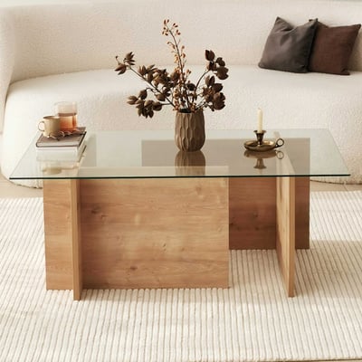Woody Fashion Salontafel | Gehard Glas en Massief Hout | 105x40x65cm | Saffier Eik Woody Fashion Salontafel | Gehard Glas en Massief Hout | 105x40x65cm | Saffier Eik