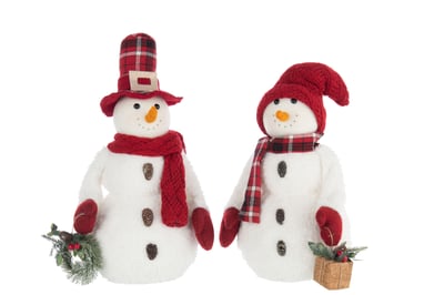 Sneeuwman jongen/girl polyester wit/kerstrood assortiment van 2