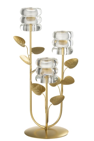Kaarshouder tak & blad 3 delen ijzer goudkleurig/transparant