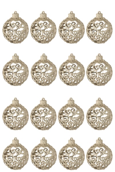 Doos van 16 kerstbal barok patroon plastiek champagnekleurig