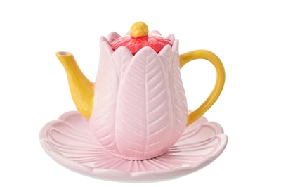 Theepot schaal bloem porselein donkerrood/warmgeel