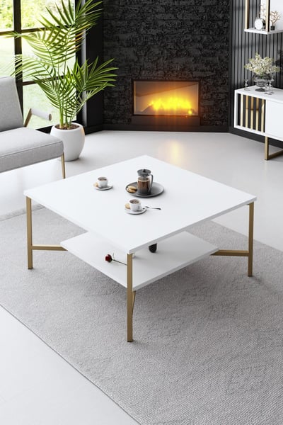 Moderne Woody Fashion Salontafel | Melamine Gecoat | Metalen Poten | 80x80x40cm | Wit Zwart