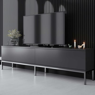Modern TV-meubel: Woody Fashion 100% Melamine, Metalen Poten, 180x47x30 cm, Antraciet Zilver Modern TV-meubel: Woody Fashion 100% Melamine, Metalen Poten, 180x47x30 cm, Antraciet Zilver