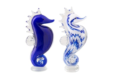 Presse-papier seahorse gestreept glas blauw/wit assortiment van 2