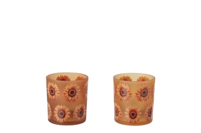 Theelichthouder zonnebloem glas donkeroranje/lichtoranje small assortiment van 2