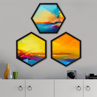 Zeshoek ingelijste schilderijenset | Multi 35x35cm | 3 Stuks