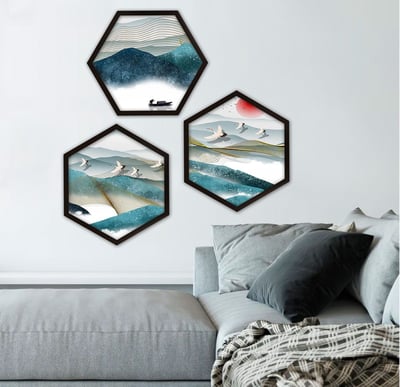 Zeshoek 3-delig ingelijst schilderij | Veelkleurig | 100% MDF
