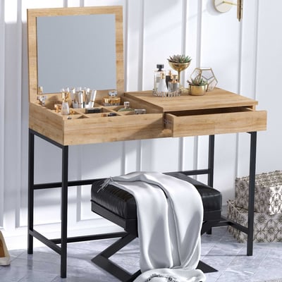 Elegante Eiken Zwarte Make-up Tafel - Opbergruimte en Stijl Elegante Eiken Zwarte Make-up Tafel - Opbergruimte en Stijl
